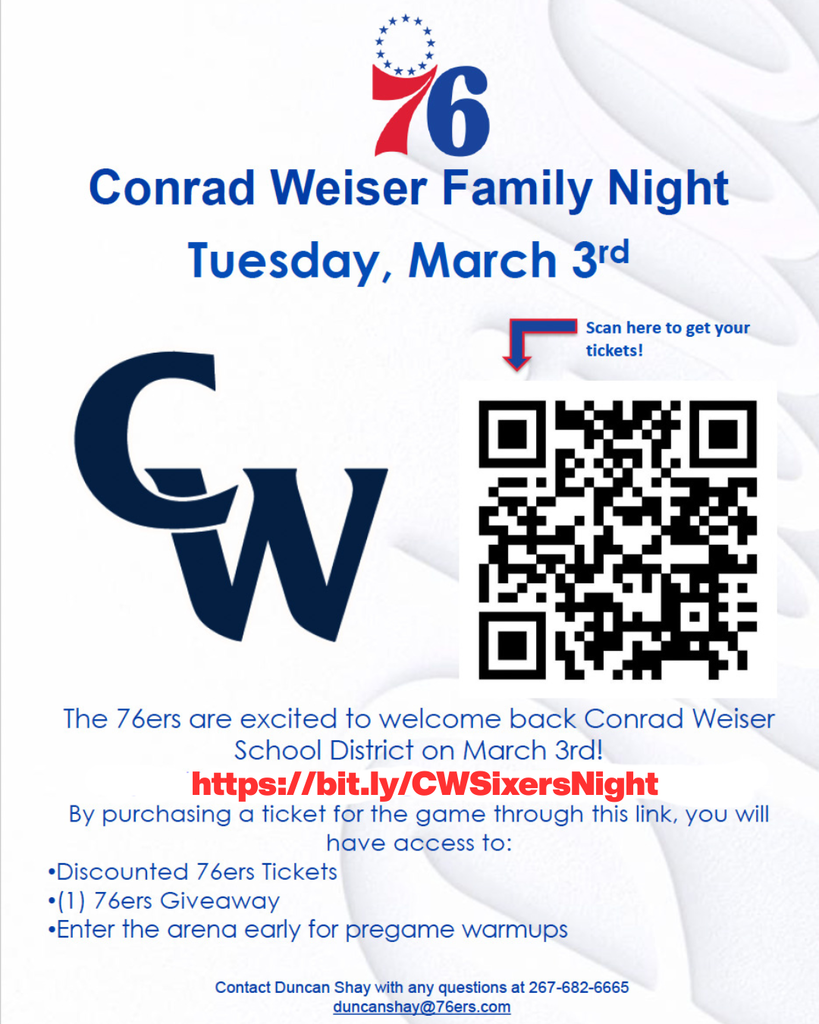 flyer for CW night at the 76ers; link to website to purhcase tickets https://www.gofevo.com/event/conradwieser2