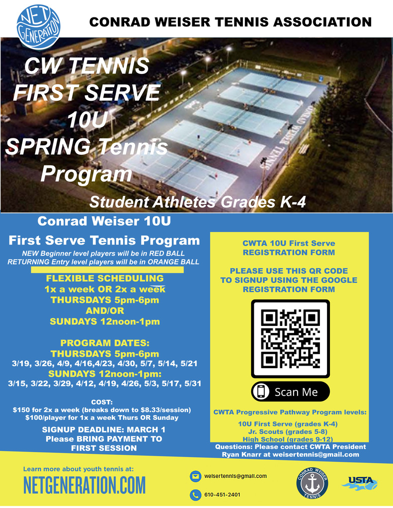 CWTA Spring 10U First Serve Program Grades K-4 starts mid March- SIGNUP NOW 