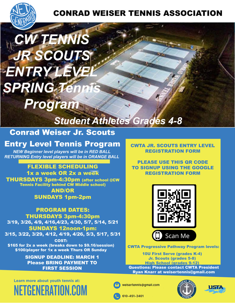 CW Tennis Jr. Scouts Spring ENTRY LEVEL Tennis Program - Students Grades 5-8 