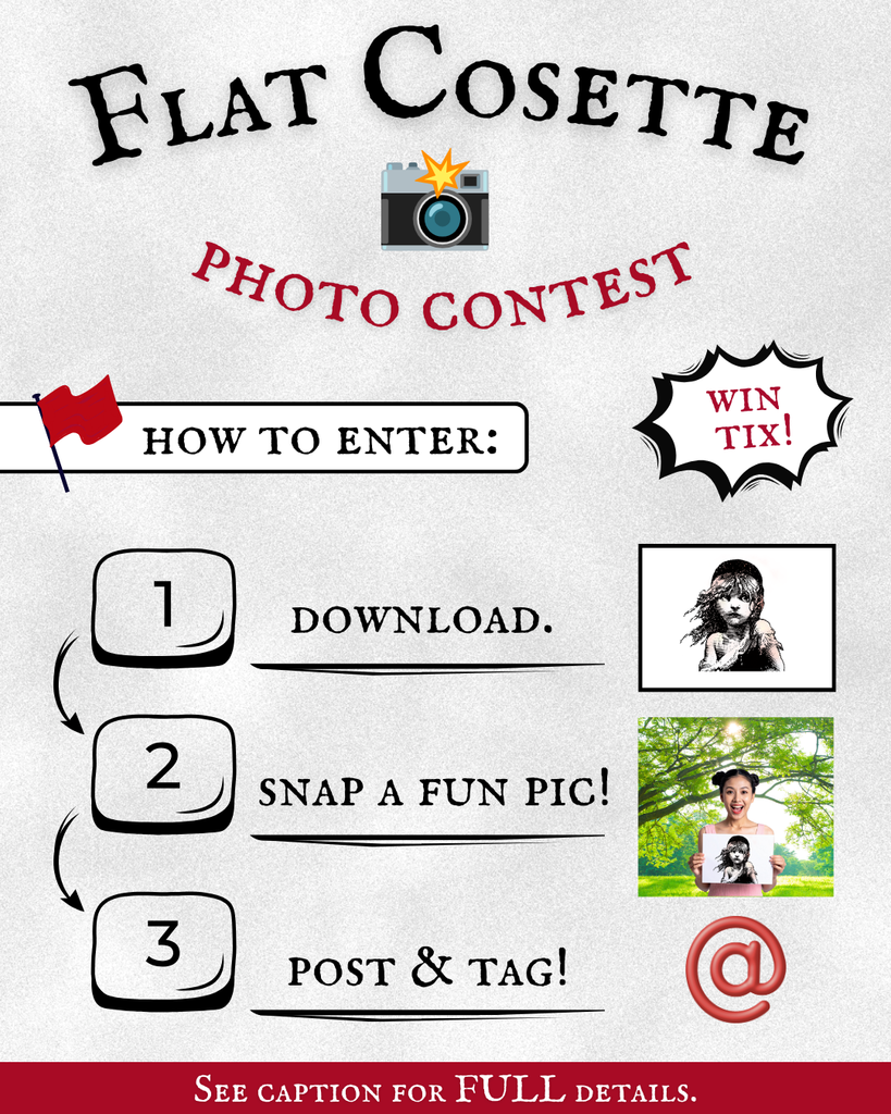 This graphic contains a number 1,2 & 3, and lists steps to enter a photo contest. Other elements include a waving, red flag and examples of each step: photos, etc.