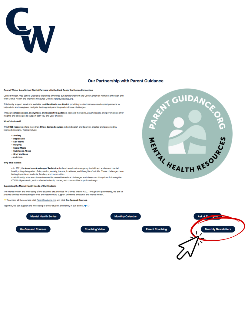 graphic of webpage showing how to select monthly newsletters; https://www.conradweiser.org/o/cwasd/page/parent-guidance