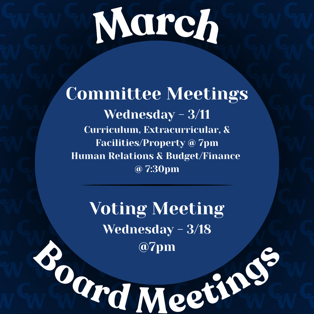 March Board Meetings 25-26; dark blue background, white lettering, lighter blue circle in the middle