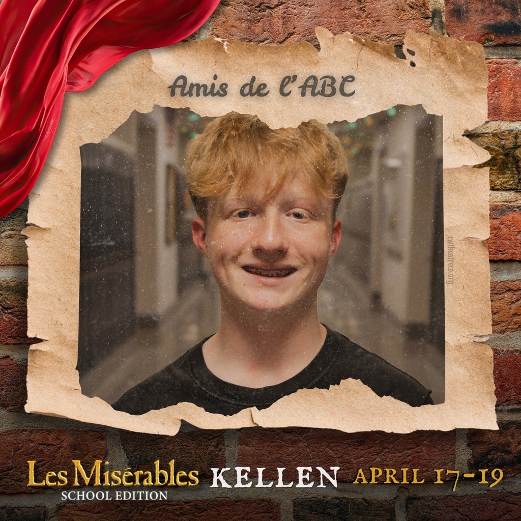 A promo graphic for Les Misérables: School Edition featuring a student cast member’s headshot. The student is centered in a softly lit indoor setting and framed within a torn parchment-style border against a brick wall background, with a red draped fabric accent in the corner. The top of the image reads “Amis de l’ABC,” and the bottom includes the show title and performance dates: April 17–19.