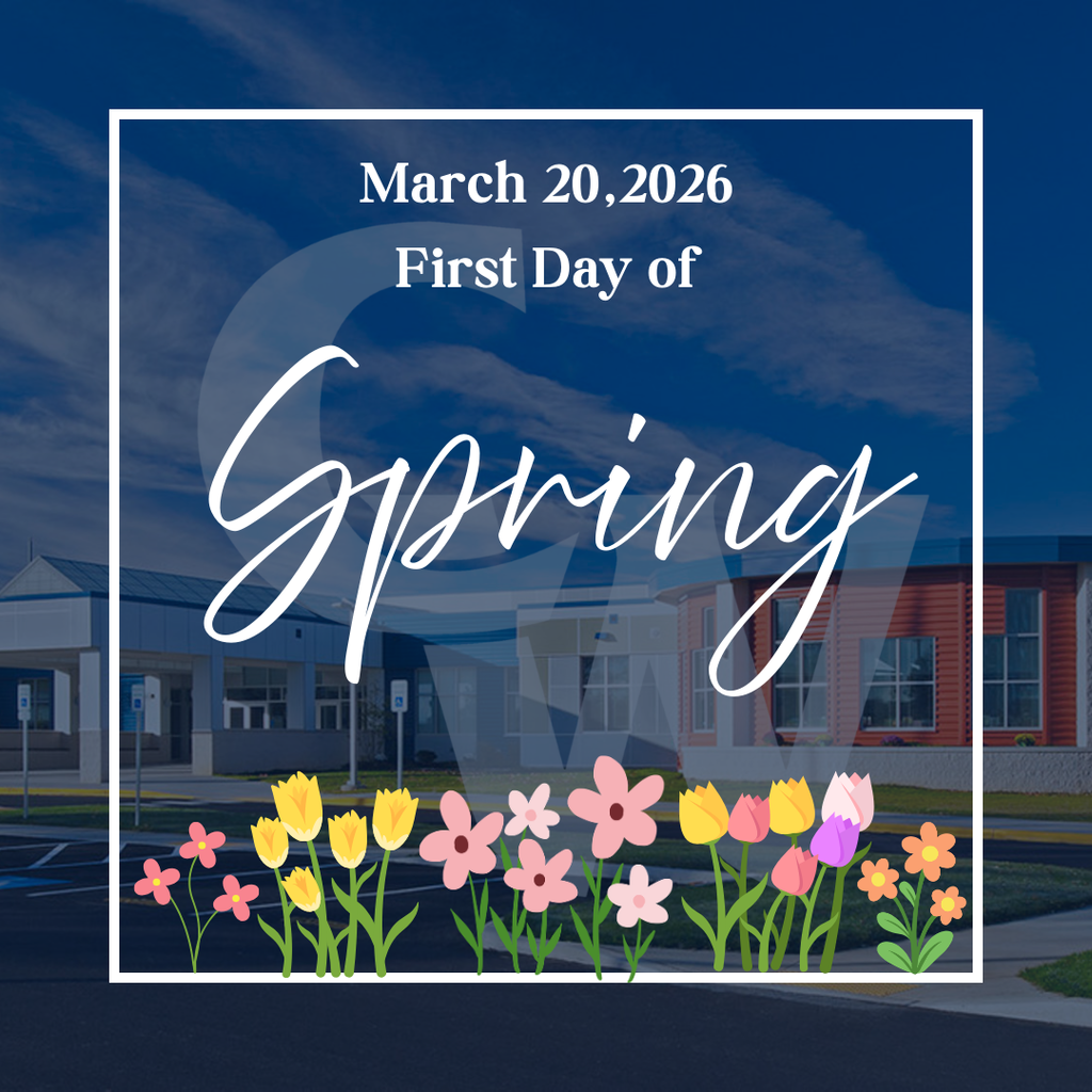March 20, 2026; frist day of spring; school in the background with spring flowers