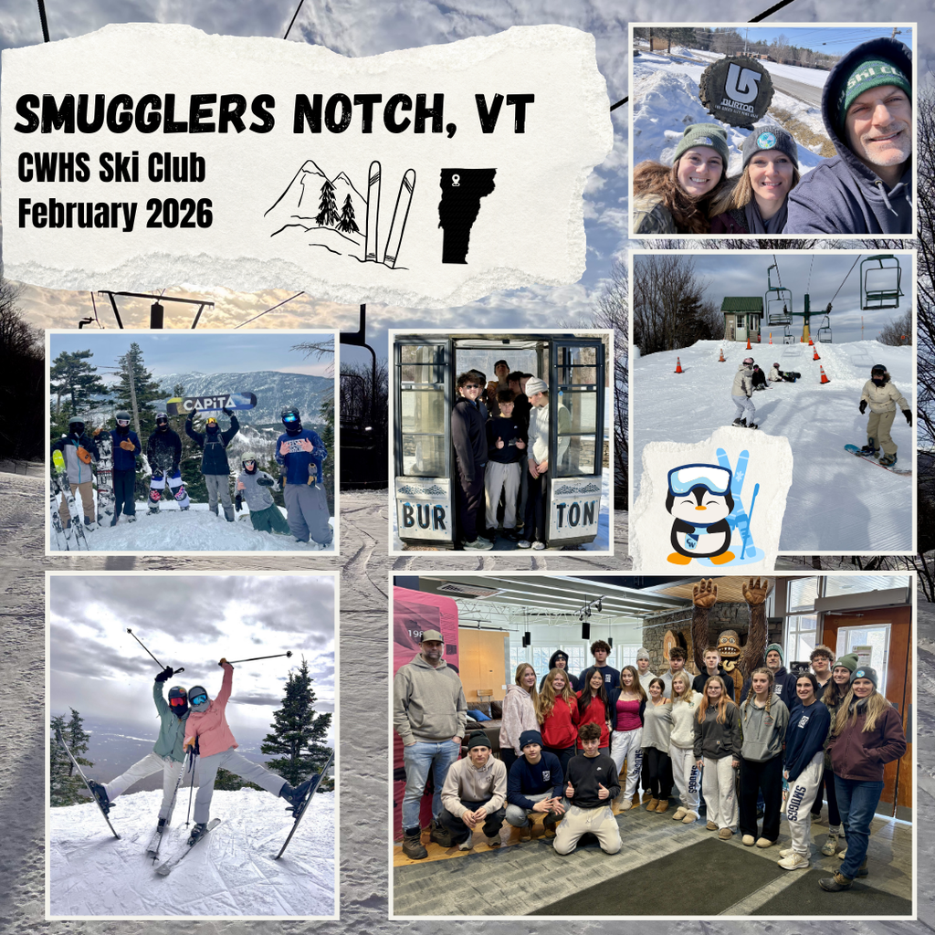 pictures of students on ski trip; snow, mountains, ski lifts
