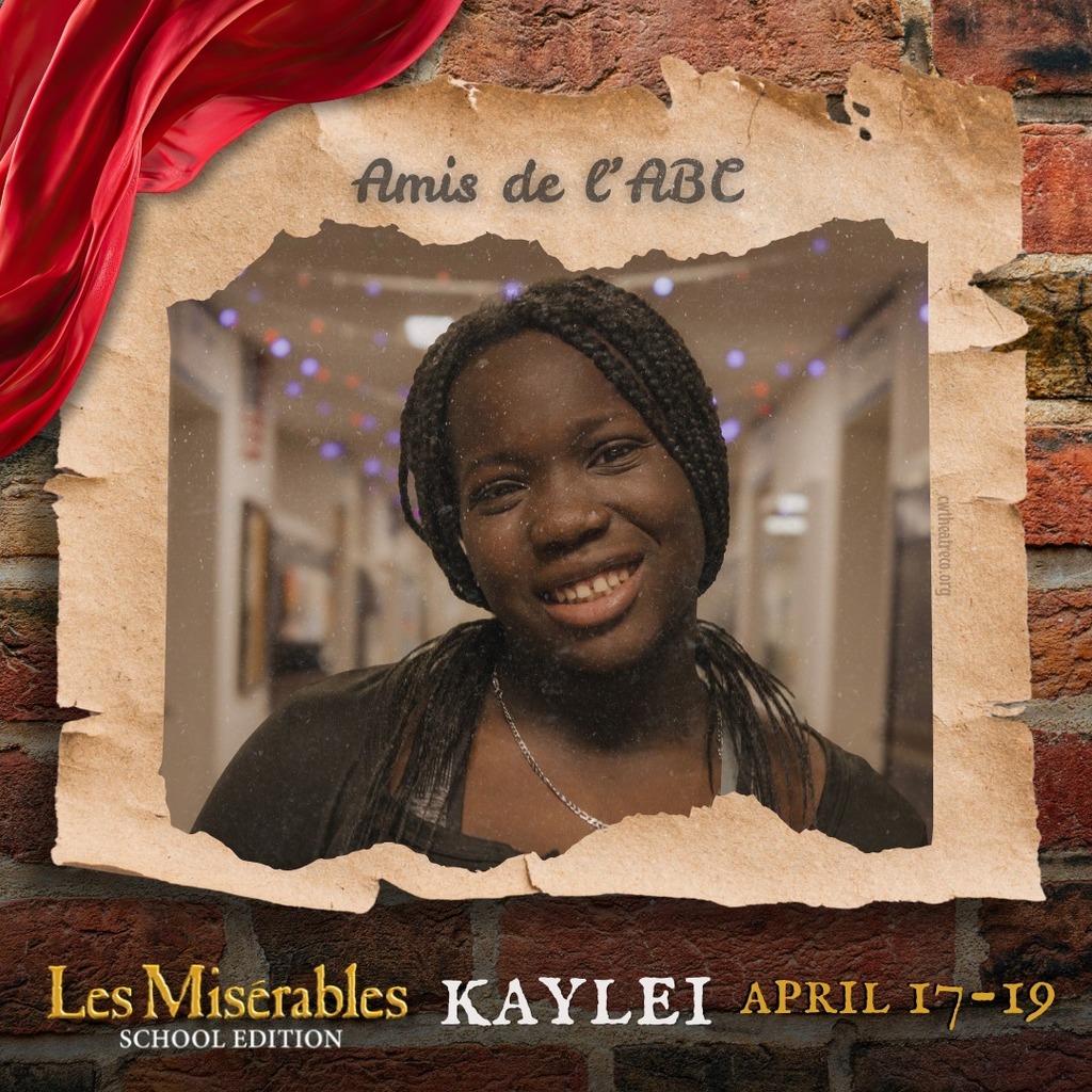 A promo graphic for Les Misérables: School Edition featuring a student cast member’s headshot. The student is centered in a softly lit indoor setting and framed within a torn parchment-style border against a brick wall background, with a red draped fabric accent in the corner. The top of the image reads “Amis de l’ABC,” and the bottom includes the show title and performance dates: April 17–19.