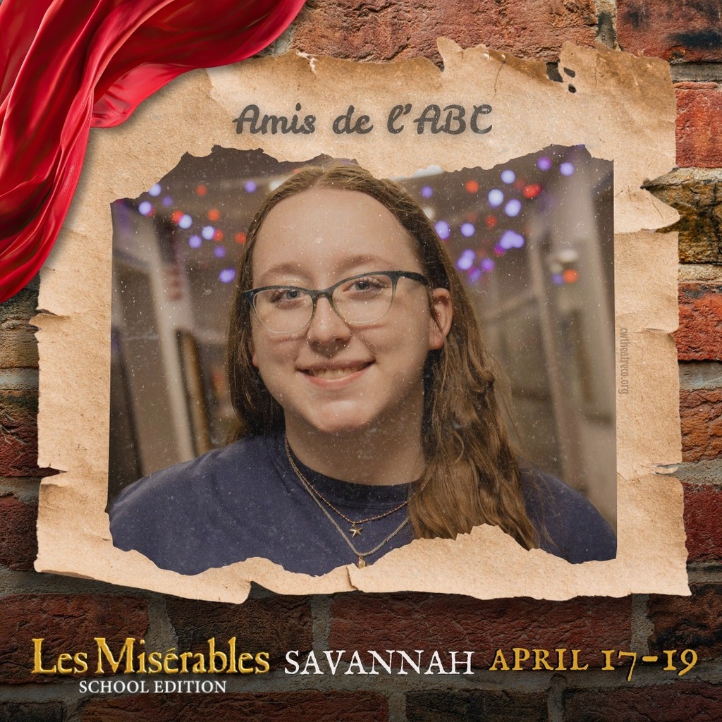 A promo graphic for Les MisΓ©rables: School Edition featuring a student cast memberβs headshot. The student is centered in a softly lit indoor setting and framed within a torn parchment-style border against a brick wall background, with a red draped fabric accent in the corner. The top of the image reads βAmis de lβABC,β and the bottom includes the show title and performance dates: April 17β19.