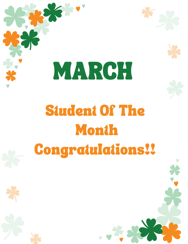 March Student of the Month poster with shamrocks 