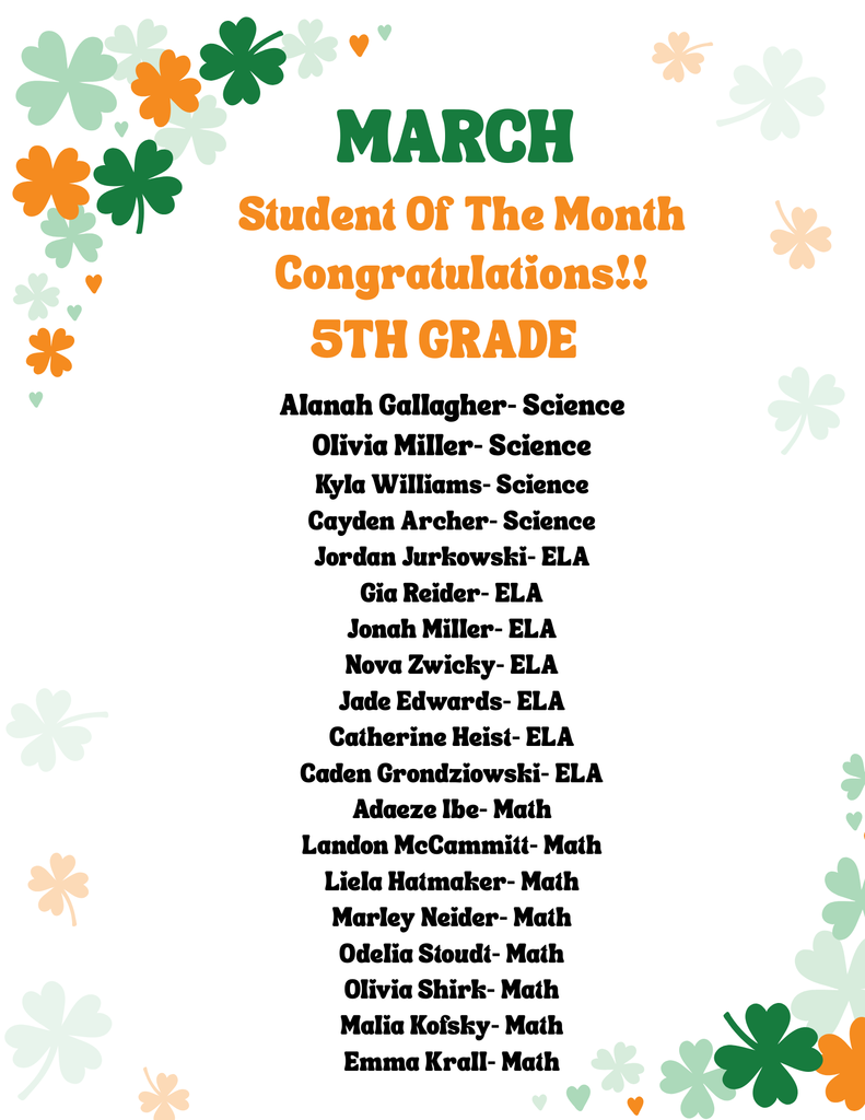 March Student of the Month poster with shamrocks listing 5th grade students
