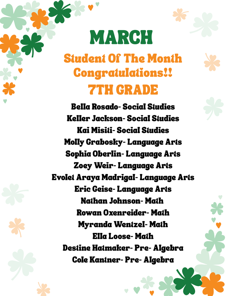 March Student of the Month poster with shamrocks listing 7th grade students