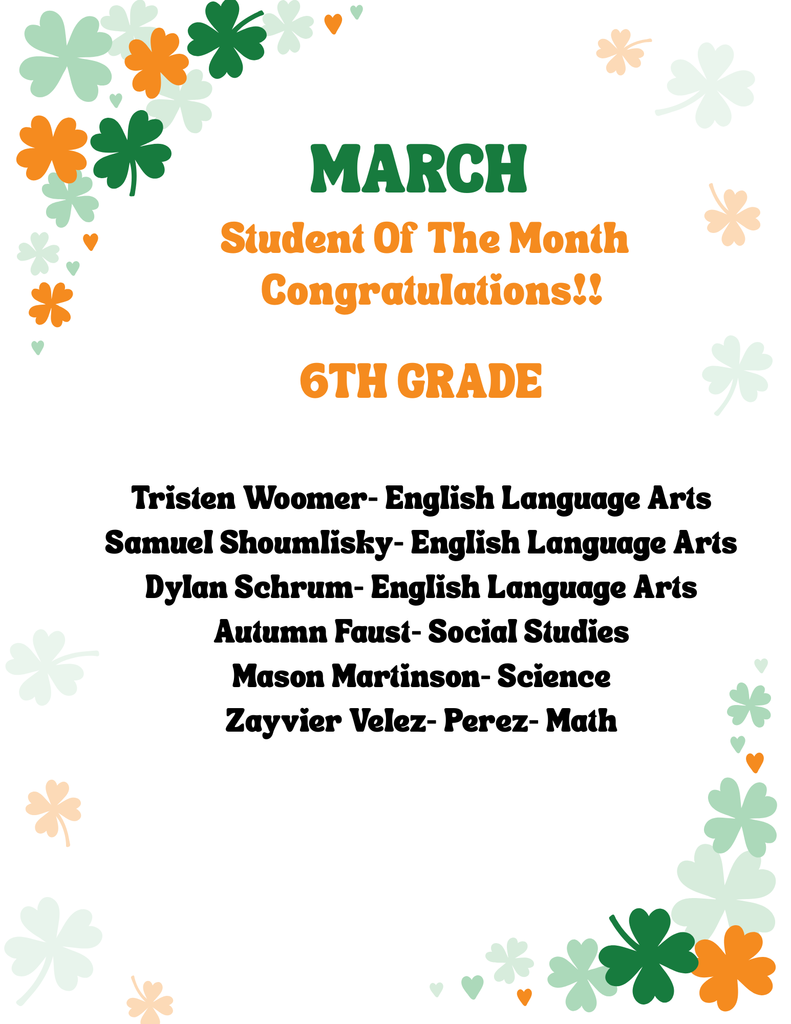 March Student of the Month poster with shamrocks listing 6th grade students