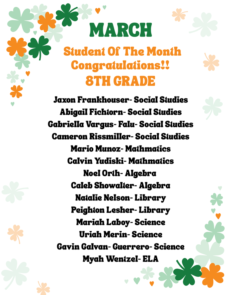 March Student of the Month poster with shamrocks listing 8th grade students