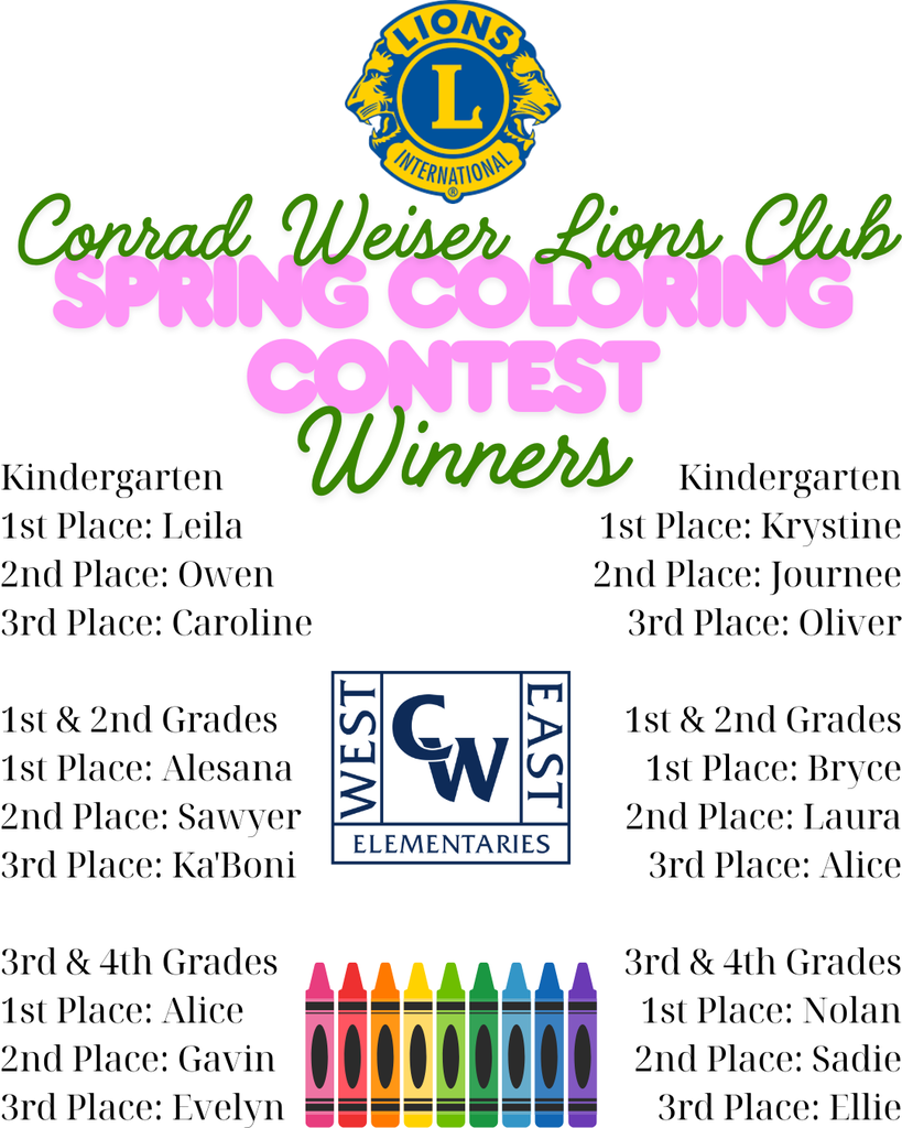 spring coloring contest winners; student names listed