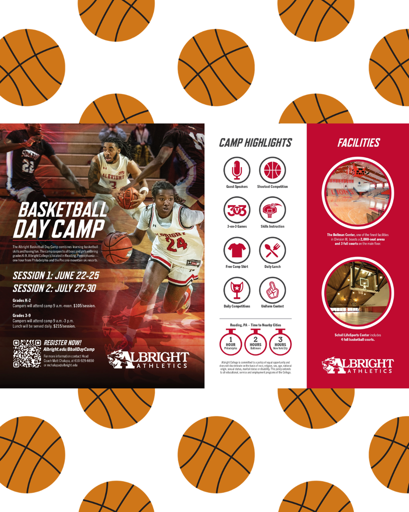 Basketball Day Camp, Session 1: June 22-25, Session 2: July 27-30, Grades K-2 9am-12pm $105/session, Grades 3-9 9am-3pm $215/session, register at Albright.edu/bballdaycamp