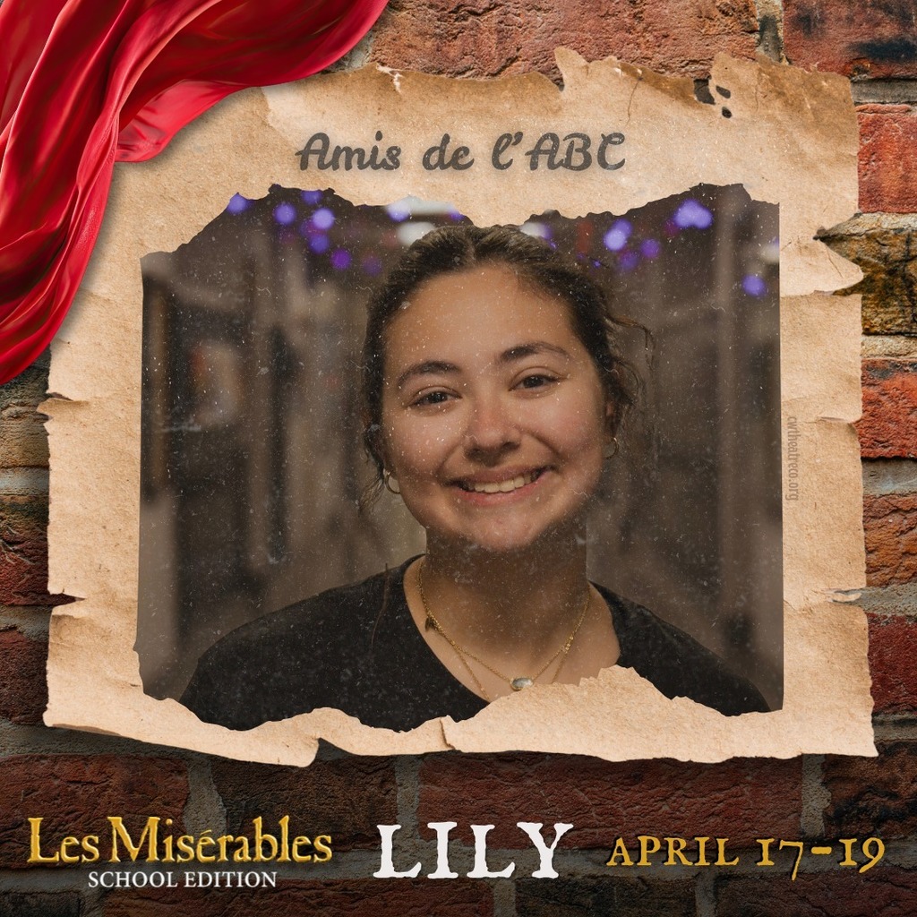 Cast member spotlight for "Les Misérables School Edition." A portrait in a rustic, torn-paper frame over a brick wall background with theatrical red draping. Includes the show logo, performer name, and show dates.