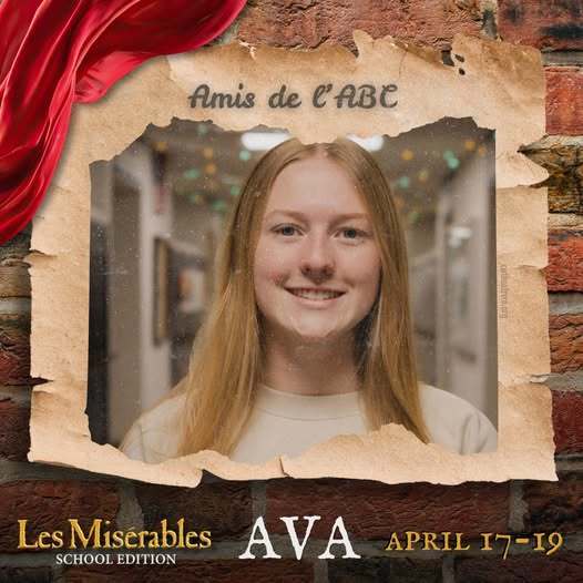 Cast member spotlight for "Les Misérables School Edition." A portrait in a rustic, torn-paper frame over a brick wall background with theatrical red draping. Includes the show logo, performer name, and show dates.