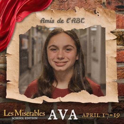 Cast member spotlight for "Les MisΓ©rables School Edition." A portrait in a rustic, torn-paper frame over a brick wall background with theatrical red draping. Includes the show logo, performer name, and show dates.