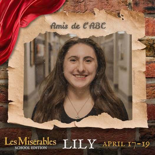 Cast member spotlight for "Les MisΓ©rables School Edition." A portrait in a rustic, torn-paper frame over a brick wall background with theatrical red draping. Includes the show logo, performer name, and show dates.