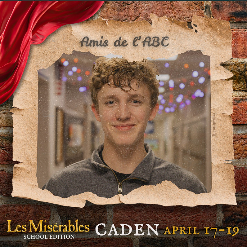 Cast member spotlight for "Les MisΓ©rables School Edition." A portrait in a rustic, torn-paper frame over a brick wall background with theatrical red draping. Includes the show logo, performer name, and show dates.