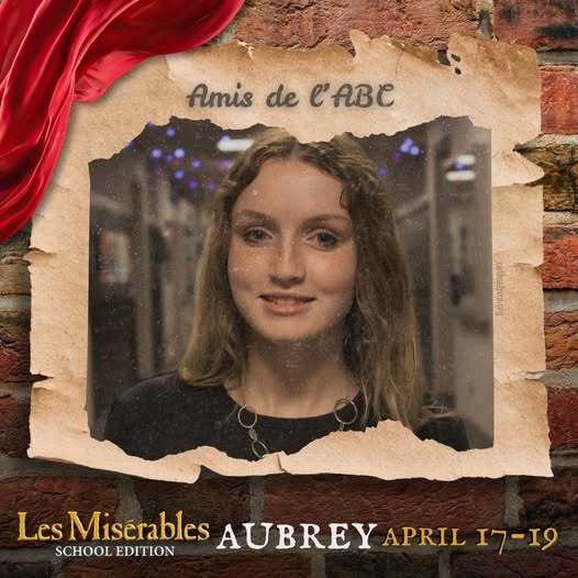 Cast member spotlight for "Les MisΓ©rables School Edition." A portrait in a rustic, torn-paper frame over a brick wall background with theatrical red draping. Includes the show logo, performer name, and show dates.