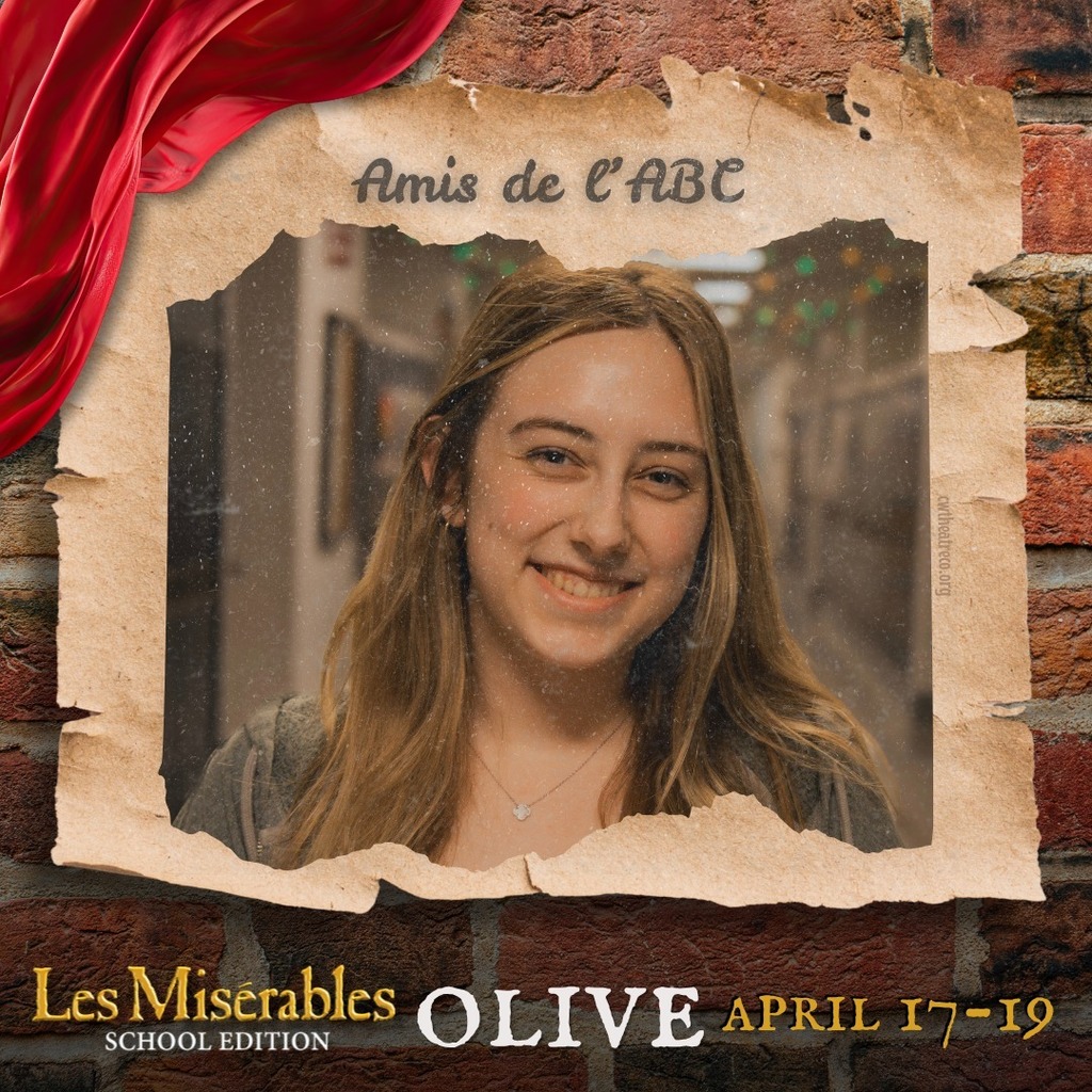 Cast member spotlight for "Les Misérables School Edition." A portrait in a rustic, torn-paper frame over a brick wall background with theatrical red draping. Includes the show logo, performer name, and show dates.