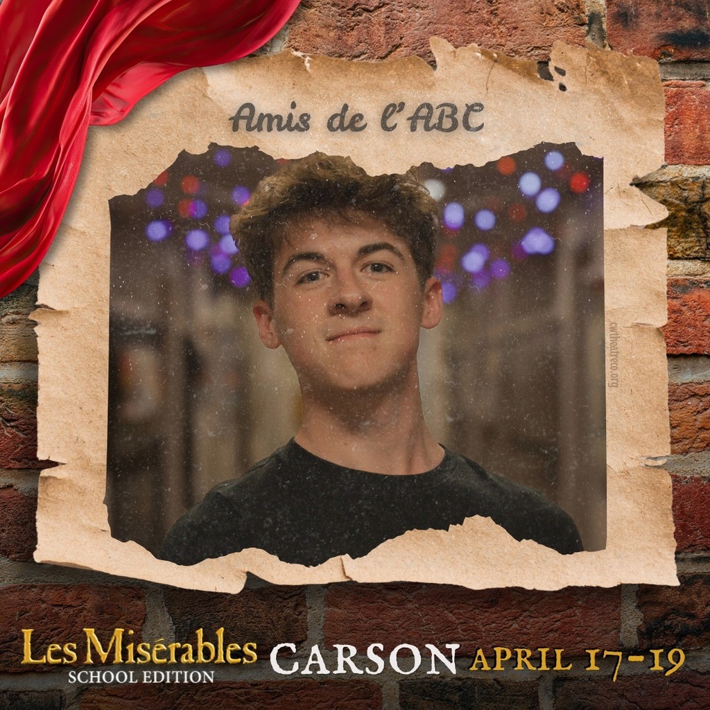 Cast member spotlight for "Les Misérables School Edition." A portrait in a rustic, torn-paper frame over a brick wall background with theatrical red draping. Includes the show logo, performer name, and show dates.