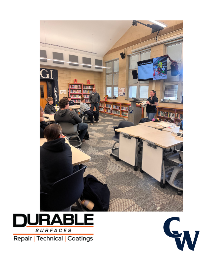 Students from CWHS had a visit from Durable Surfaces. Students are in a presentation learning about industry and then students are seeing the equipment used by the company for concrete repair. 