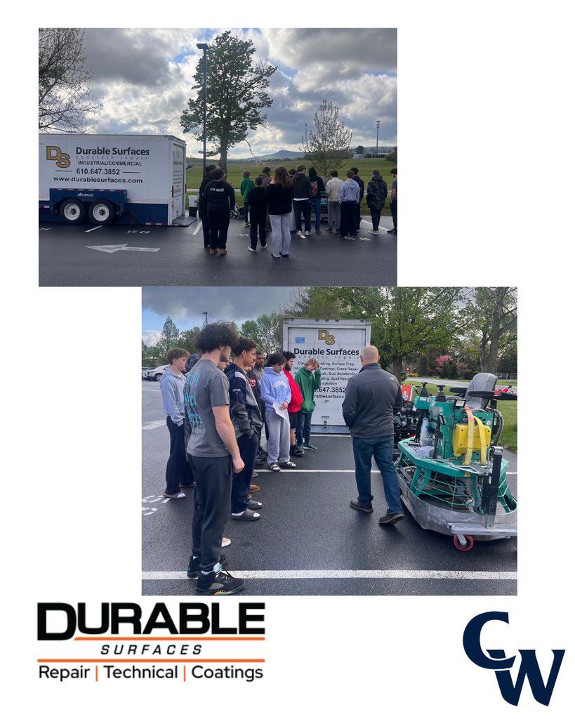 Students from CWHS had a visit from Durable Surfaces. Students are in a presentation learning about industry and then students are seeing the equipment used by the company for concrete repair. 