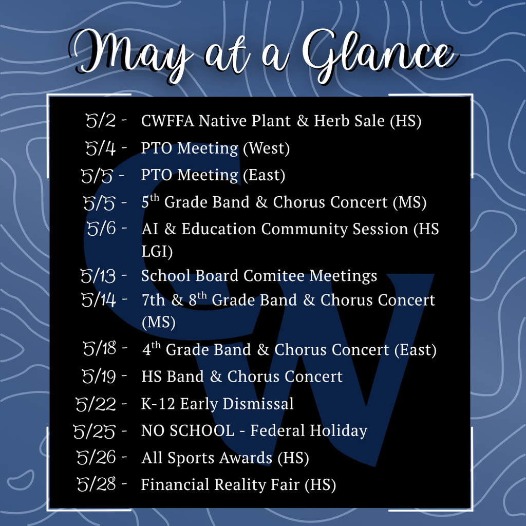 may at a glance; events and happenings listed in order