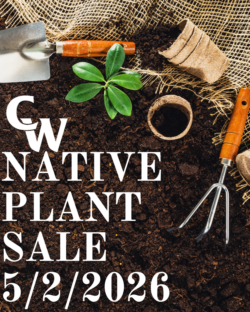 native plant sale information; dirt and garden tools with one sprout