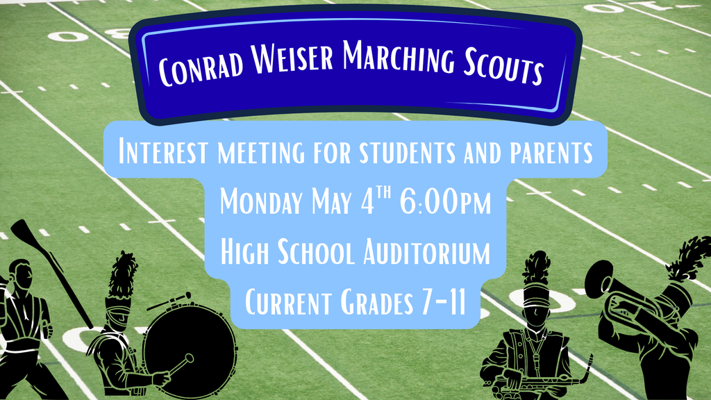 informational meeting infomraiton for marching band; football field with cartoon band members