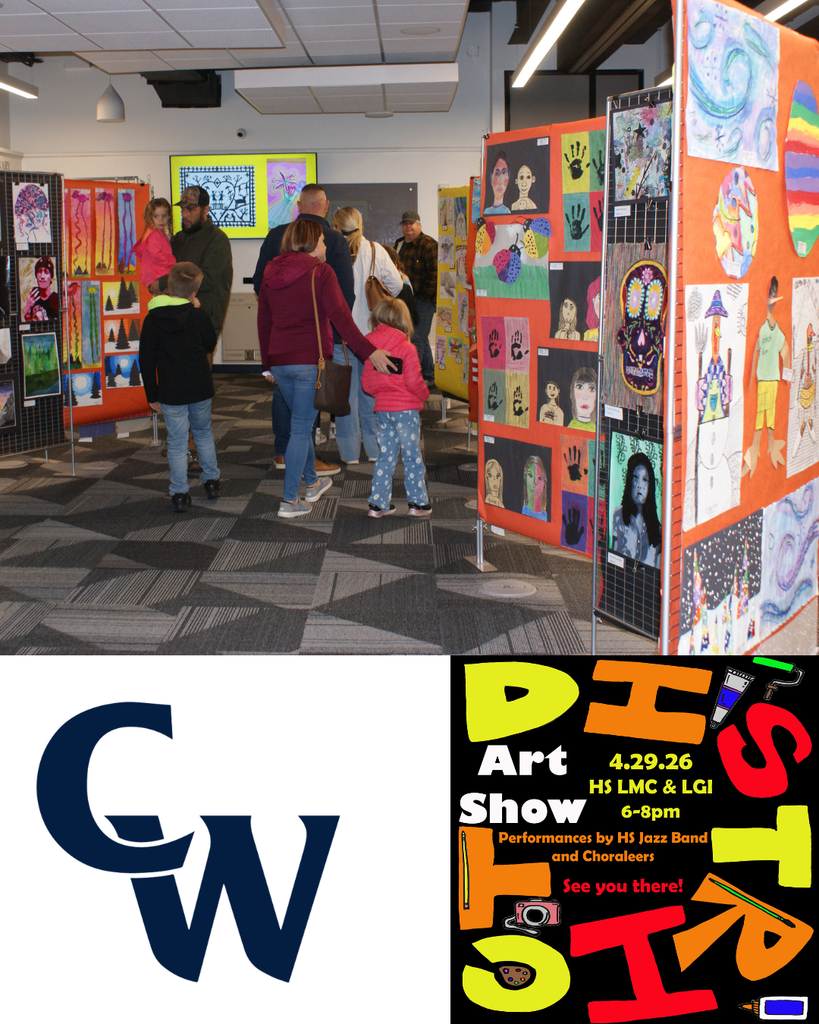 Photographs of families and community members viewing student artwork at the District Wide art show