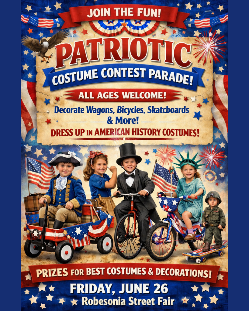 2026 250th Anniversary Contest for Conrad Weiser Area School District children living in or attending the School District. Ages 4 to 19 with various age group contests, as well as an open to anyone costume parade contest on Friday, Jun 26, 2026 during the Robesonia Street Fair.  Ages 4 to 7 year olds can color the enclosed coloring page, Ages 8 to 11 year olds can create a patriotic art piece, Ages 12 to 15 and 16 to 19 can participate with specific essays outlined on the contest sheet.