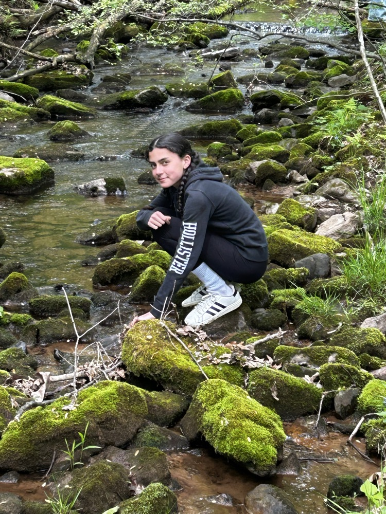 student crouching on rocks in a stream
