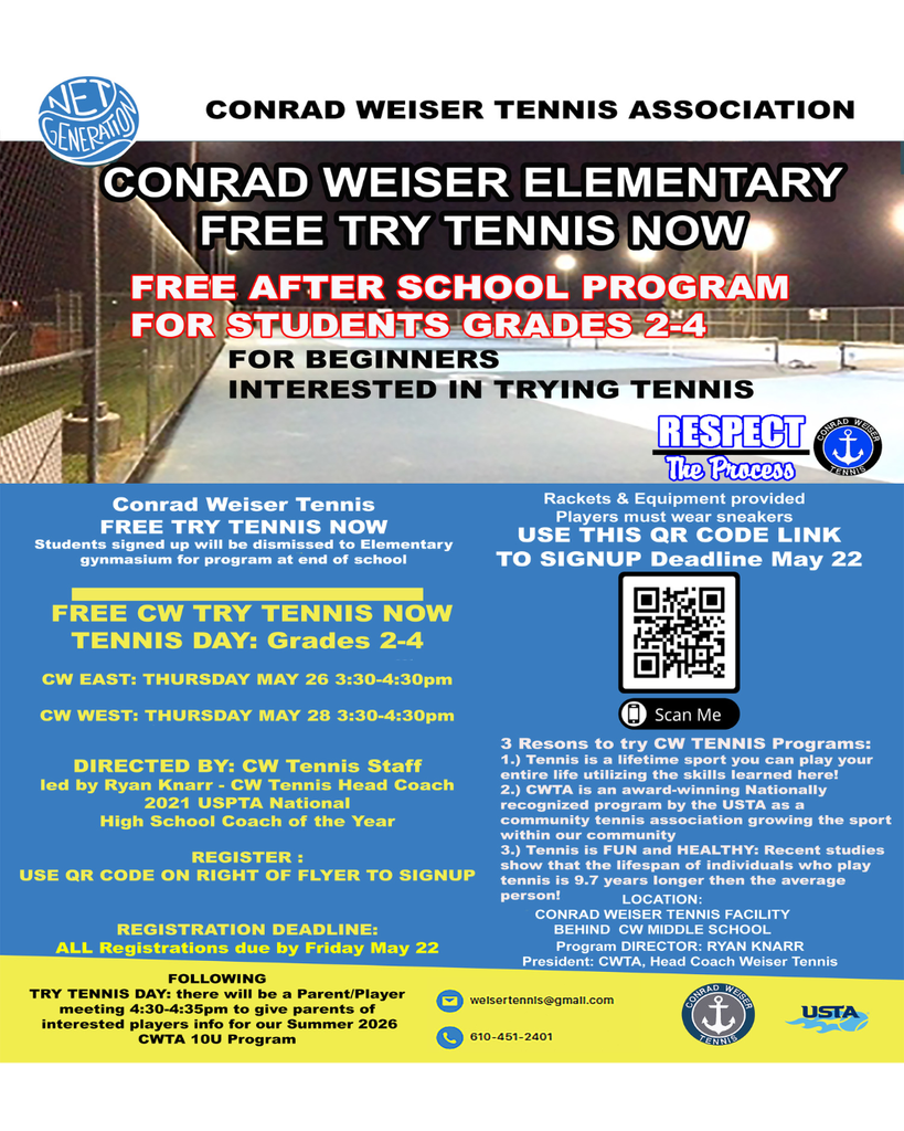 CW Tennis TRY TENNIS NOW Free Elementary After school program (Grades 2-4)