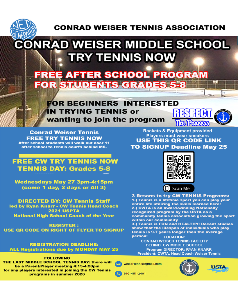 CW Middle School - CW Tennis TRY TENNIS NOW - Free After school tennis program for new players interested Grades 5-8