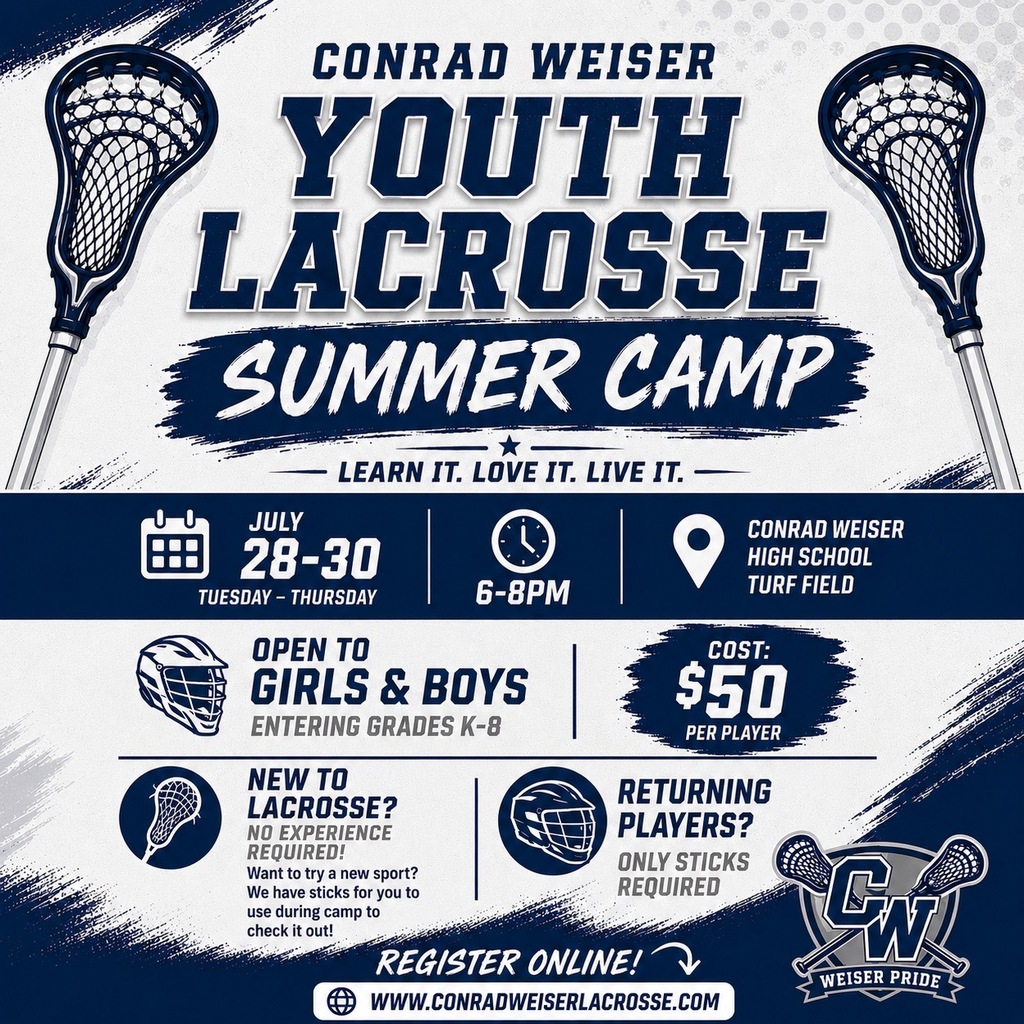 "Conrad Weiser Youth Lacrosse Summer Camp July 28-30 6-8pm @ Conrad Weiser High School Turf Field Open to Boys & Girls entering grades K-8.  Cost $50/player New To lacrosse? No experience required! Want to try a new sport? We have sticks for you to use during cmap to check it out! Returning players? Onlly sticks required.  Register online: www.conradweiserlacrosse.com"