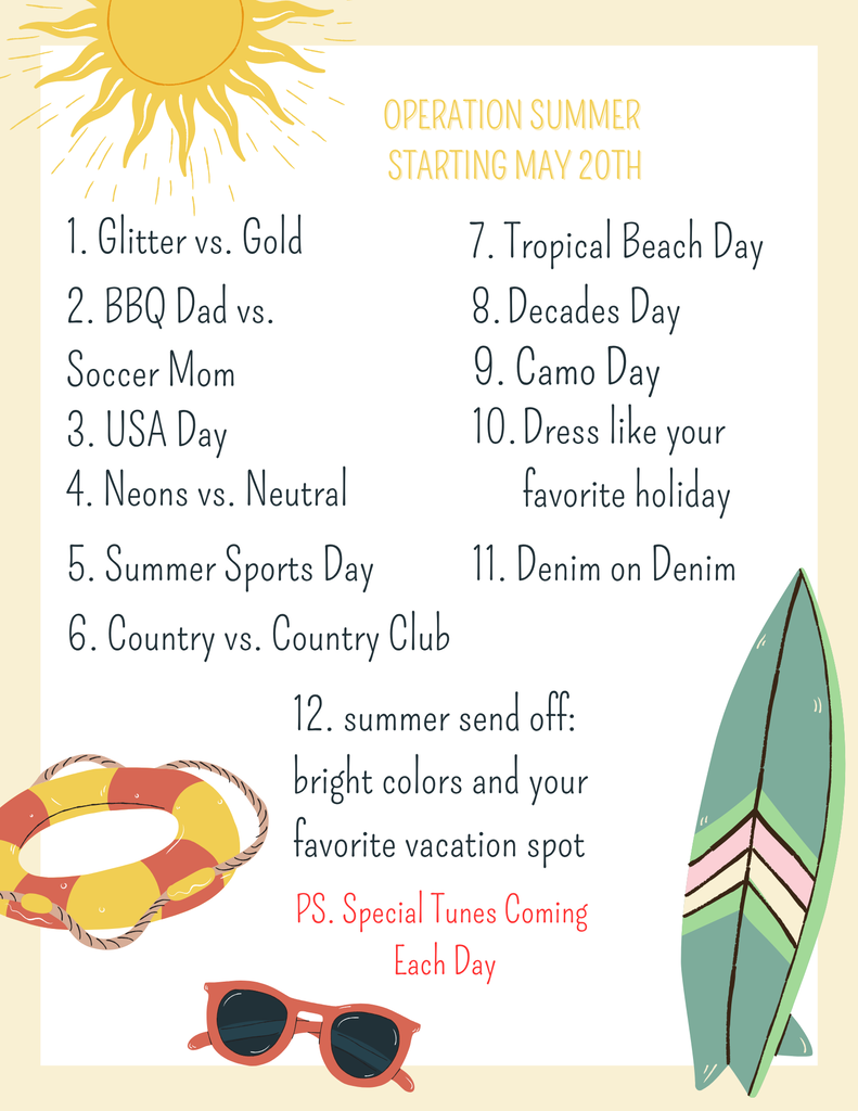 a summer themed worksheet with sunglasses, a surfboard, a sun and a lifeguard ring. The list is of spirit days for the remainder of the school year