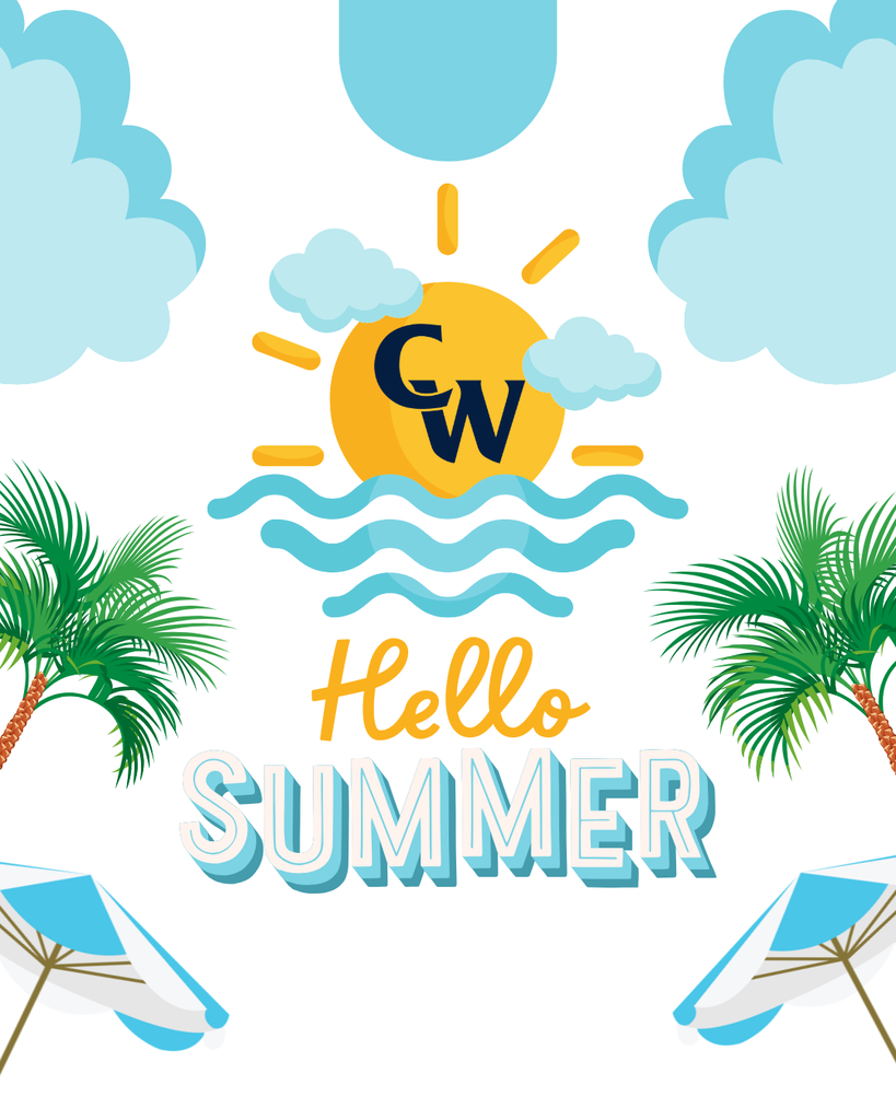 hello summer; palm trees, summer umbrellas, sun graphic