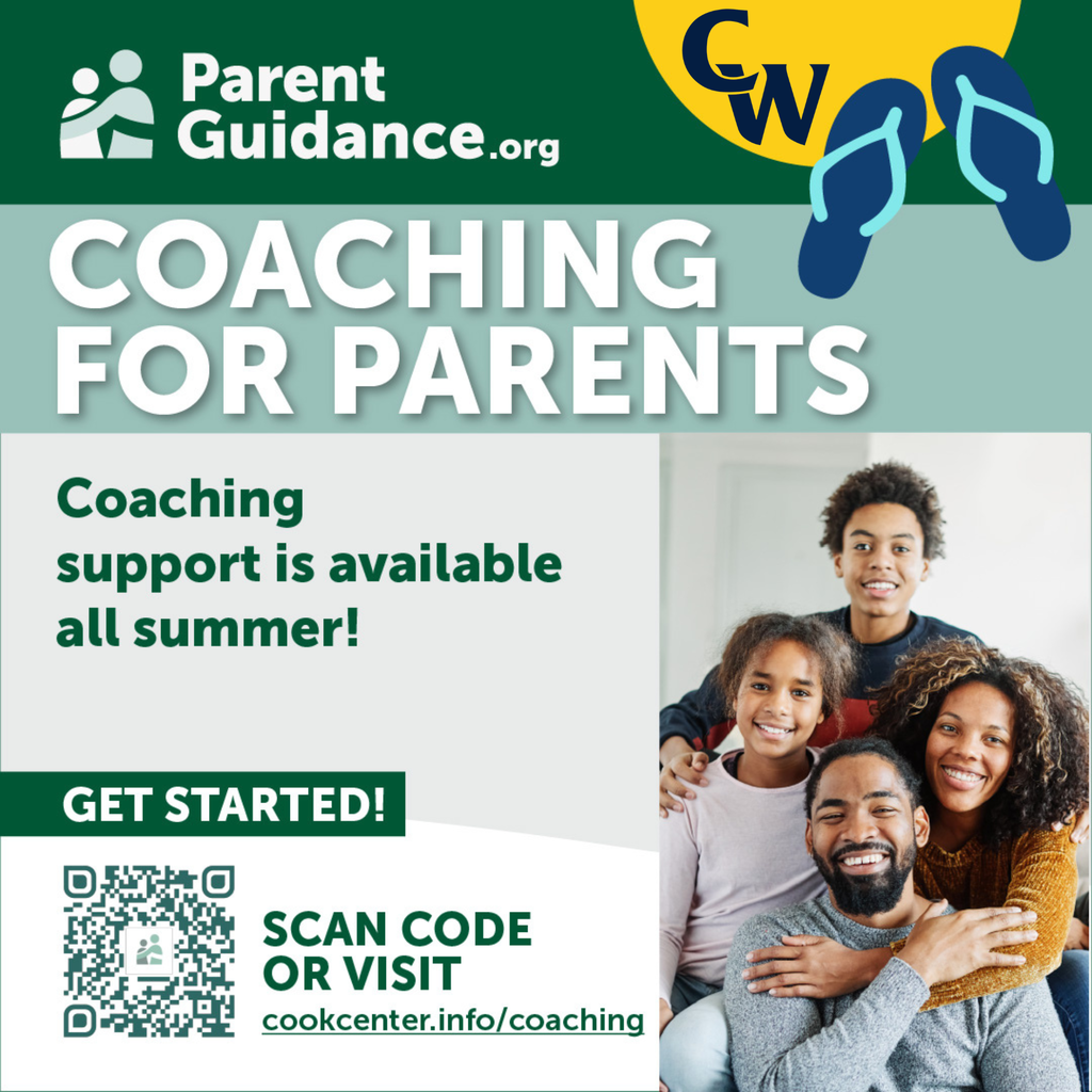 parent coaching flyer; family hugging and QR code to scan