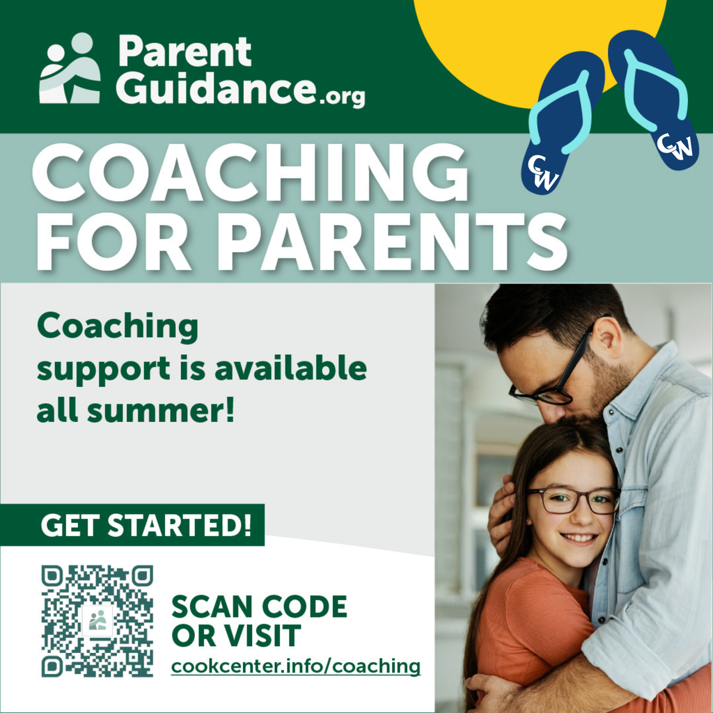 parent coaching flyer; father/daughter hugging and QR code to scan