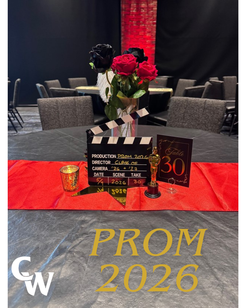 table centerpiece photo; mini oscar statue, star, flowers, table number 30, directors clapperboard