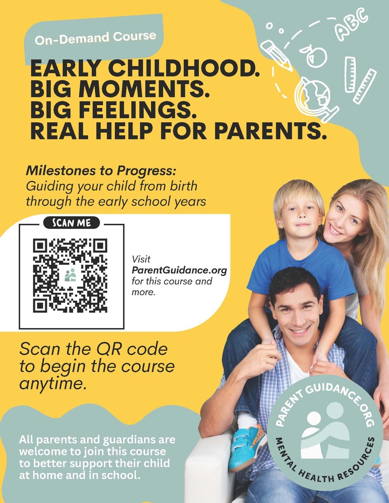 flyer for early childhood course for parents; photo of family and parent guidance medalion