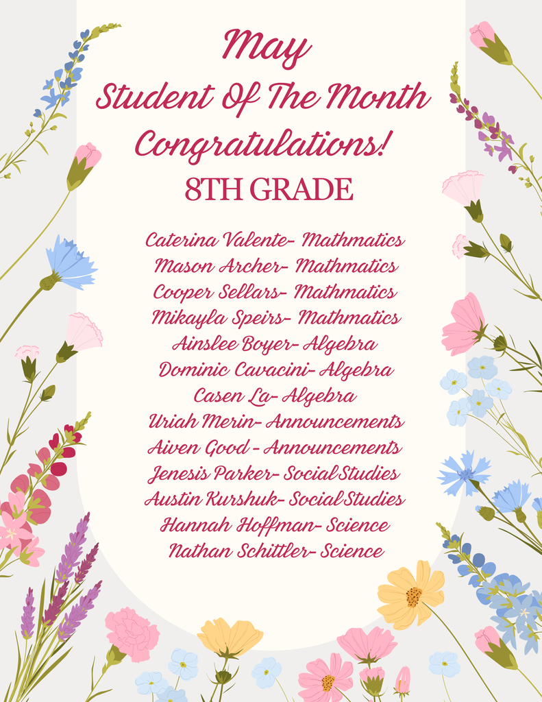 A poster with flowers congratulating the May Students of the Month 8th Grade