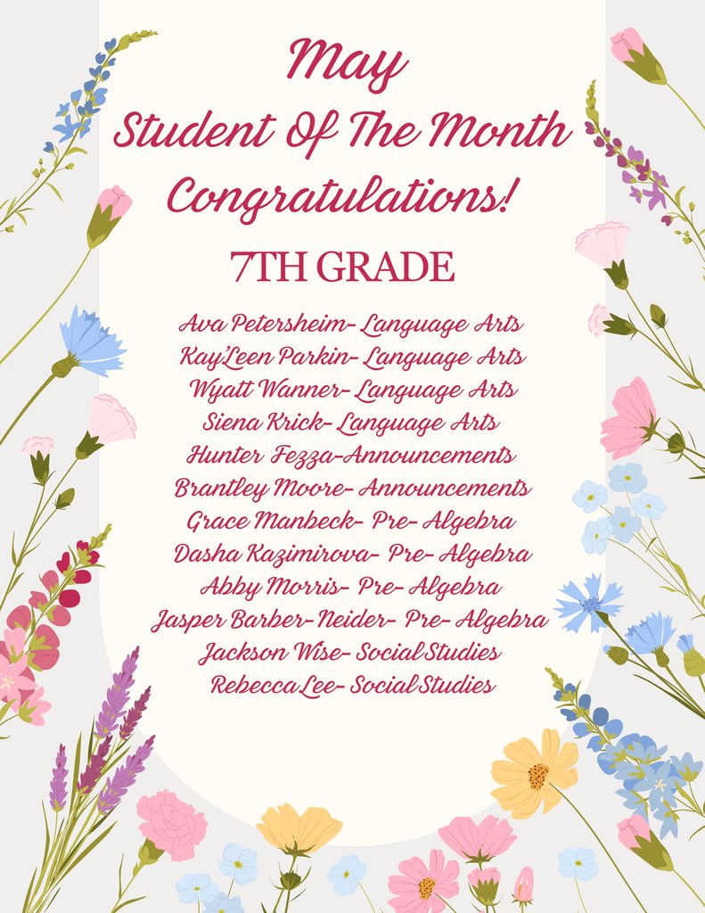 A poster with flowers congratulating the May Students of the Month in 7th Grade