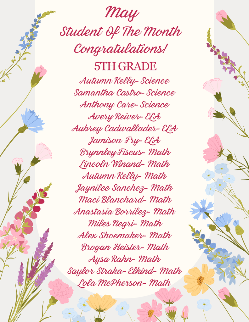 A poster with flowers congratulating the May Students of the Month in 5th Grade