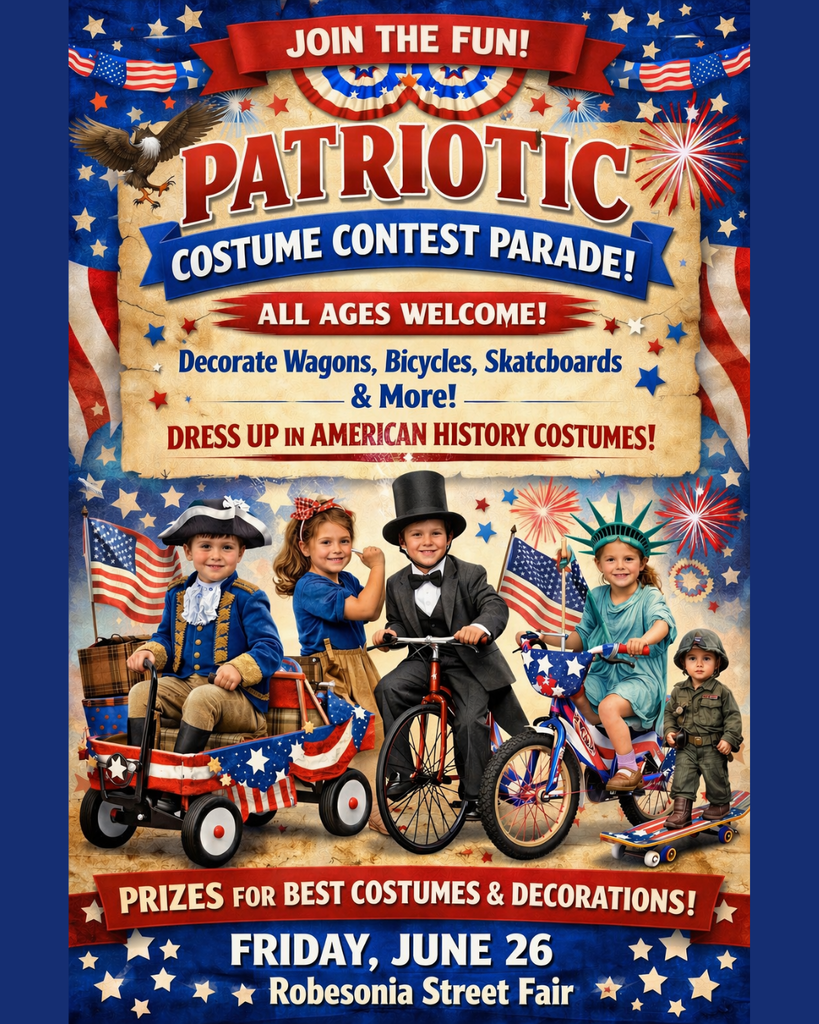 cartoon kids dressed patriotic to promote street fair celebrating America 250
