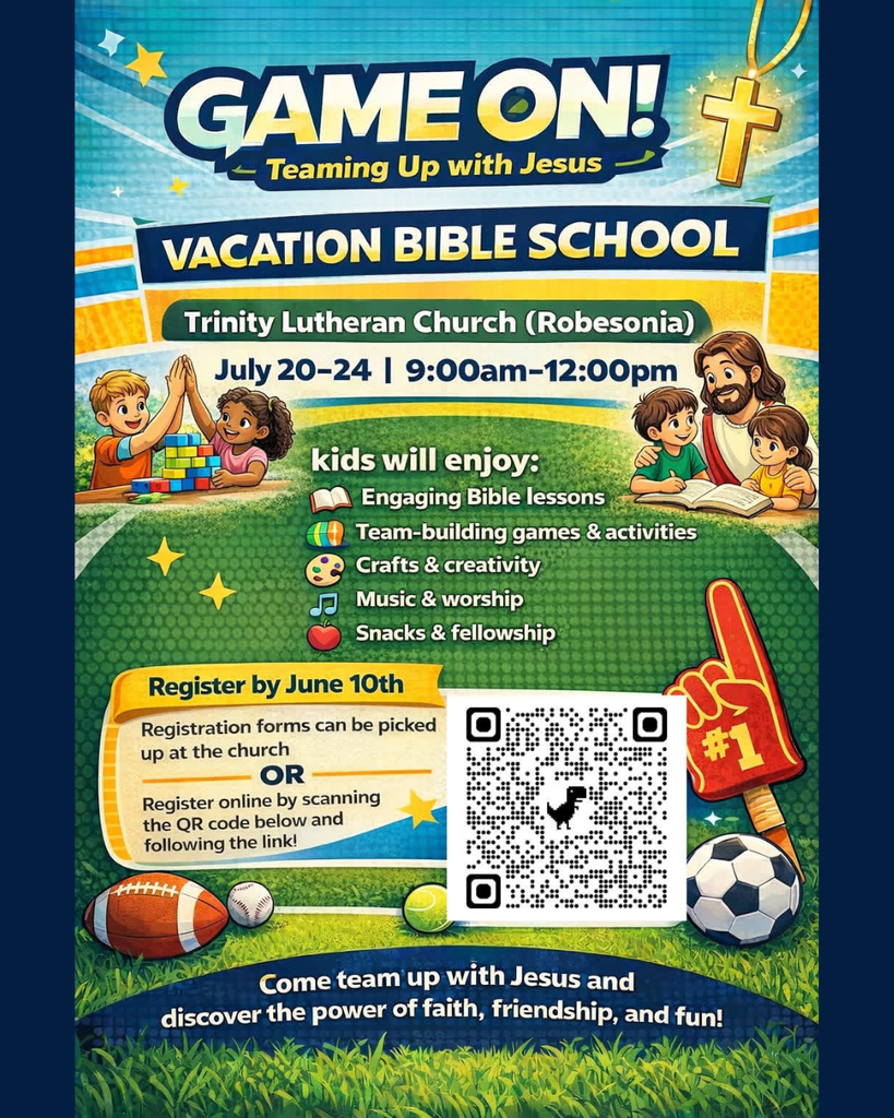 They flyer is for Trinity Lutheran Church's Vacation Bible School. It is called Game On! The dates are July 20-24 from 9-12. People can register online or at the church. 