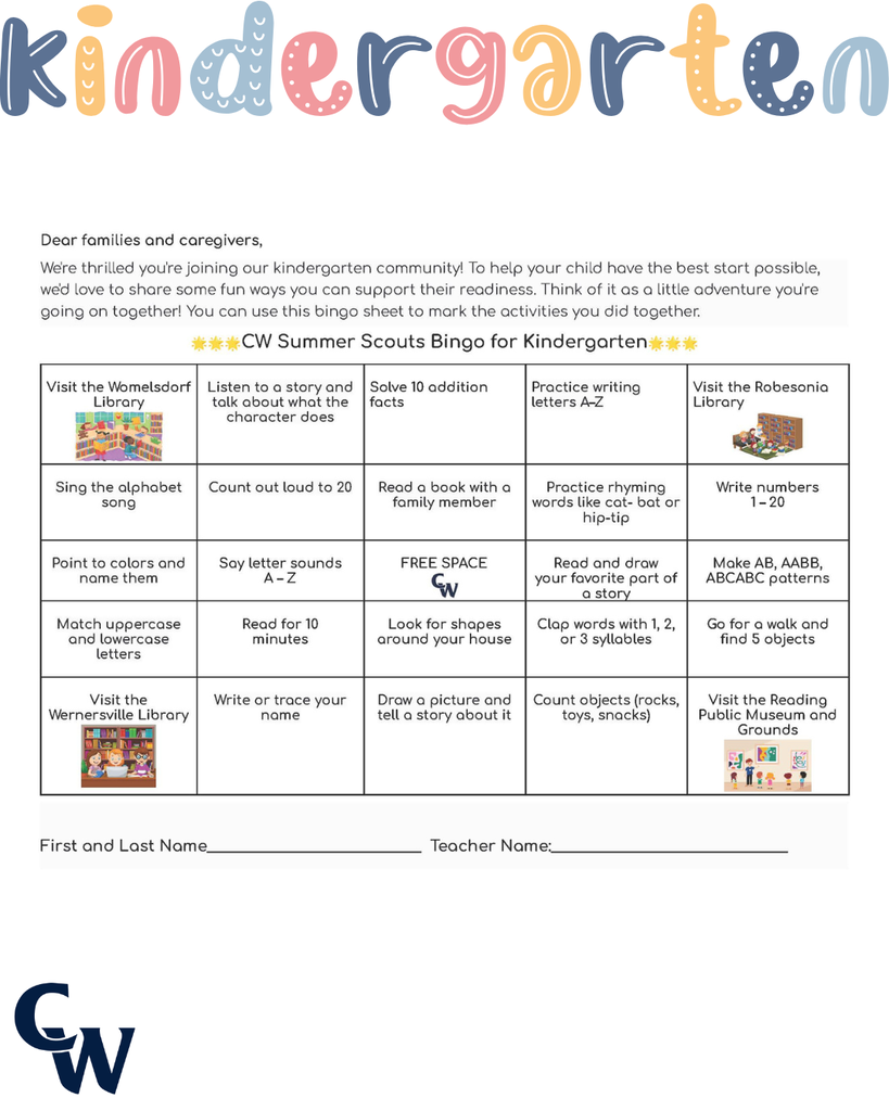 "Dear families and caregivers, We're thrilled you're joining our kindergarten community! To help your child have the best start possible, we'd love to share some fun ways you can support their readiness. Think of it as a little adventure you're going on together! You can use this bingo sheet to mark the activities you did together. 🌟🌟🌟CW Summer Scouts Bingo for Kindergarten🌟🌟🌟 Visit the Womelsdorf Library Listen to a story and talk about what the character does Solve 10 addition facts Practice writing letters A–Z Visit the Robesonia Library Sing the alphabet song Count out loud to 20 Read a book with a family member Practice rhyming words like cat- bat or hip-tip Write numbers 1 – 20 Point to colors and name them Say letter sounds A – Z FREE SPACE Read and draw your favorite part of a story Make AB, AABB, ABCABC patterns Match uppercase and lowercase letters Read for 10 minutes Look for shapes around your house Clap words with 1, 2, or 3 syllables Go for a walk and find 5 objects Visit the Wernersville Library Write or trace your name Draw a picture and tell a story about it Count objects (rocks, toys, snacks) Visit the Reading Public Museum and Grounds First and Last Name_____________________________ Teacher Name:________________________________ Here are some other things you can do to prepare your child for Kindergarten: 🎨 Fine Motor Fun — Let your child draw, color, play with play-dough, use child-safe scissors, or string beads. These activities strengthen those little hands and fingers! 🦸 Independence Boosters — Encourage your kiddo to wash their hands, put on their own shoes, choose between two snacks, or help with simple tasks. You'll be amazed at how proud they feel! 📵 Screen Time Swap — Try gradually swapping screen time for outdoor play, building with blocks, or creative crafts. Your child's imagination will thank you! ❤️ Manage Their Emotions — Help your child name their feelings and practice calming strategies like deep breathing, counting to ten, or taking a quiet moment. Teaching emotional awareness builds resilience and helps them navigate big feelings! 📚 Reading Magic — This is the best part! Snuggle up with your child and read together every day — picture books, silly rhymes, or their favorite story for the 100th time! Reading aloud builds language skills, sparks curiosity, and creates the coziest memories. 🏛️ Reading Public Museum — Explore both the inside and outside of the museum. It's a wonderful way to spark curiosity and have fun learning together! 📖 Library Time — Visit our local libraries to see the many resources they have to offer. Your child will love exploring books and discovering new favorites! 📖Womelsdorf Library 📖 Robesonia Library 📖 Wernersville Library 🏛️ Reading Public Museum 🌟Your support at home makes such a difference, and we can't wait to celebrate your child's summer time journey with you. Please write your child’s first name and last name on this paper. Bring it to school by Thursday, September 3 for a special treat! Enjoy your summer! The Staff at Conrad Weiser East and West Elementary Dear families and caregivers, Are you ready for the sunshine and warm weather? Here are some fun ways to practice some of the important skills that your child has learned throughout the school year. These activities are designed to be short and playful for about 5–10 minutes. You can use this bingo sheet to mark the activities you did together. 🌟🌟🌟CW Summer Scouts Bingo for First Grade🌟🌟🌟 Visit the Womelsdorf Library Read a story and retell beginning, middle, and end Solve 10 addition facts Write 3 sentences about your favorite animal Visit the Robesonia Library Read 5 trick words Count to 100 by 1’s, 5’s, & 10’s Read a book to a family member Write a sentence with a capital & period Write numbers 1 – 50 Solve 5 subtraction facts Say letter sounds A – Z FREE SPACE Read and draw your favorite part of a story Find a square, circle, triangle, cube, sphere, cone, or cylinder while taking a walk Write a sentence about your day Read for 10 minutes Compare numbers Using =, <, > Write 5 CVC words such a bat, get, or pig Solve a story problem Visit the Wernersville Library Read a poem out loud Write 2 questions about a story. Be sure to use who, what, when, where, or why. Count objects up to 20 Visit the Reading Public Museum First and Last Name_____________________________ Teacher Name:________________________________ Here are some other things you can do together over the summer: 🎨 Fine Motor Fun — Provide opportunities for your child to draw, color, build with small blocks, cut with scissors, and complete puzzles. These activities continue to strengthen hand-eye coordination and fine motor skills needed for writing and other classroom tasks! 🦸 Independence Boosters — Encourage your child to manage their own routines like washing hands, getting dressed, organizing their belongings, and completing simple chores at home. You'll be amazed at how capable and confident they become! 📵 Screen Time Swap — Try gradually swapping screen time for outdoor play, building with blocks, or creative crafts. Your child's imagination will thank you! ❤️ Manage Their Emotions — Help your child name their feelings like happy, sad, angry, or worried. Teach them calming strategies like taking deep breaths, counting to 10, or talking about what's bothering them. When kids learn to understand their emotions, they feel more confident and can handle tough moments! 📚 Reading Magic — Continue reading together daily — chapter books, adventure stories, or their favorite tales. Reading aloud strengthens comprehension skills, builds vocabulary, and keeps the love of learning alive. These shared moments create lasting memories! 🔗 Valuable Resources — Here are some QR codes for resources to support your child. Hundreds Chart Fundations Chart Five Start Sentence Checklist Trick words 🌟We're grateful for your partnership in your child's education. Your support at home is powerful, and we look forward to celebrating all the growth together! Please write your child’s first name and last name on this paper. Bring it to school by Thursday, September 3 for a special treat! Enjoy your summer! The Staff at Conrad Weiser East and Elementary "