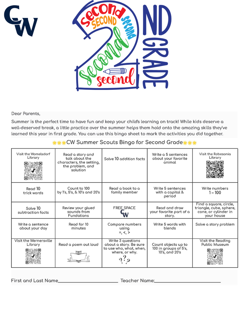 "Dear families and caregivers, We're thrilled you're joining our kindergarten community! To help your child have the best start possible, we'd love to share some fun ways you can support their readiness. Think of it as a little adventure you're going on together! You can use this bingo sheet to mark the activities you did together. 🌟🌟🌟CW Summer Scouts Bingo for Kindergarten🌟🌟🌟 Visit the Womelsdorf Library Listen to a story and talk about what the character does Solve 10 addition facts Practice writing letters A–Z Visit the Robesonia Library Sing the alphabet song Count out loud to 20 Read a book with a family member Practice rhyming words like cat- bat or hip-tip Write numbers 1 – 20 Point to colors and name them Say letter sounds A – Z FREE SPACE Read and draw your favorite part of a story Make AB, AABB, ABCABC patterns Match uppercase and lowercase letters Read for 10 minutes Look for shapes around your house Clap words with 1, 2, or 3 syllables Go for a walk and find 5 objects Visit the Wernersville Library Write or trace your name Draw a picture and tell a story about it Count objects (rocks, toys, snacks) Visit the Reading Public Museum and Grounds First and Last Name_____________________________ Teacher Name:________________________________ Here are some other things you can do to prepare your child for Kindergarten: 🎨 Fine Motor Fun — Let your child draw, color, play with play-dough, use child-safe scissors, or string beads. These activities strengthen those little hands and fingers! 🦸 Independence Boosters — Encourage your kiddo to wash their hands, put on their own shoes, choose between two snacks, or help with simple tasks. You'll be amazed at how proud they feel! 📵 Screen Time Swap — Try gradually swapping screen time for outdoor play, building with blocks, or creative crafts. Your child's imagination will thank you! ❤️ Manage Their Emotions — Help your child name their feelings and practice calming strategies like deep breathing, counting to ten, or taking a quiet moment. Teaching emotional awareness builds resilience and helps them navigate big feelings! 📚 Reading Magic — This is the best part! Snuggle up with your child and read together every day — picture books, silly rhymes, or their favorite story for the 100th time! Reading aloud builds language skills, sparks curiosity, and creates the coziest memories. 🏛️ Reading Public Museum — Explore both the inside and outside of the museum. It's a wonderful way to spark curiosity and have fun learning together! 📖 Library Time — Visit our local libraries to see the many resources they have to offer. Your child will love exploring books and discovering new favorites! 📖Womelsdorf Library 📖 Robesonia Library 📖 Wernersville Library 🏛️ Reading Public Museum 🌟Your support at home makes such a difference, and we can't wait to celebrate your child's summer time journey with you. Please write your child’s first name and last name on this paper. Bring it to school by Thursday, September 3 for a special treat! Enjoy your summer! The Staff at Conrad Weiser East and West Elementary Dear families and caregivers, Are you ready for the sunshine and warm weather? Here are some fun ways to practice some of the important skills that your child has learned throughout the school year. These activities are designed to be short and playful for about 5–10 minutes. You can use this bingo sheet to mark the activities you did together. 🌟🌟🌟CW Summer Scouts Bingo for First Grade🌟🌟🌟 Visit the Womelsdorf Library Read a story and retell beginning, middle, and end Solve 10 addition facts Write 3 sentences about your favorite animal Visit the Robesonia Library Read 5 trick words Count to 100 by 1’s, 5’s, & 10’s Read a book to a family member Write a sentence with a capital & period Write numbers 1 – 50 Solve 5 subtraction facts Say letter sounds A – Z FREE SPACE Read and draw your favorite part of a story Find a square, circle, triangle, cube, sphere, cone, or cylinder while taking a walk Write a sentence about your day Read for 10 minutes Compare numbers Using =, <, > Write 5 CVC words such a bat, get, or pig Solve a story problem Visit the Wernersville Library Read a poem out loud Write 2 questions about a story. Be sure to use who, what, when, where, or why. Count objects up to 20 Visit the Reading Public Museum First and Last Name_____________________________ Teacher Name:________________________________ Here are some other things you can do together over the summer: 🎨 Fine Motor Fun — Provide opportunities for your child to draw, color, build with small blocks, cut with scissors, and complete puzzles. These activities continue to strengthen hand-eye coordination and fine motor skills needed for writing and other classroom tasks! 🦸 Independence Boosters — Encourage your child to manage their own routines like washing hands, getting dressed, organizing their belongings, and completing simple chores at home. You'll be amazed at how capable and confident they become! 📵 Screen Time Swap — Try gradually swapping screen time for outdoor play, building with blocks, or creative crafts. Your child's imagination will thank you! ❤️ Manage Their Emotions — Help your child name their feelings like happy, sad, angry, or worried. Teach them calming strategies like taking deep breaths, counting to 10, or talking about what's bothering them. When kids learn to understand their emotions, they feel more confident and can handle tough moments! 📚 Reading Magic — Continue reading together daily — chapter books, adventure stories, or their favorite tales. Reading aloud strengthens comprehension skills, builds vocabulary, and keeps the love of learning alive. These shared moments create lasting memories! 🔗 Valuable Resources — Here are some QR codes for resources to support your child. Hundreds Chart Fundations Chart Five Start Sentence Checklist Trick words 🌟We're grateful for your partnership in your child's education. Your support at home is powerful, and we look forward to celebrating all the growth together! Please write your child’s first name and last name on this paper. Bring it to school by Thursday, September 3 for a special treat! Enjoy your summer! The Staff at Conrad Weiser East and Elementary "